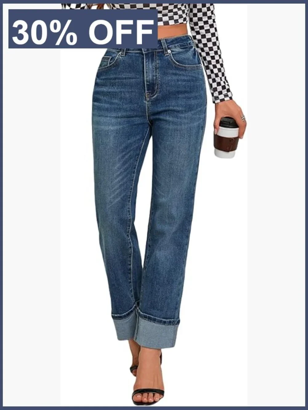 High Waisted Straight Leg Jeans Tummy Control Stretchy Ankle Fold Hem